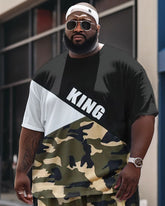 Men's Large Size Street Camouflage Color Block King Graffiti Short Sleeve Shorts Set
